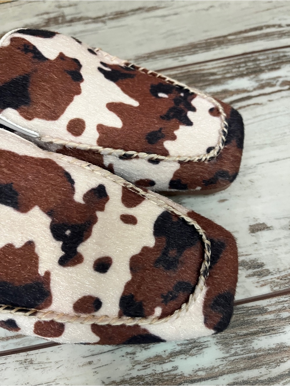 Cow Print Hair Calf Leather Square Toe Mules Womens 8 Low Heel Slip On Slides - Picture 10 of 16
